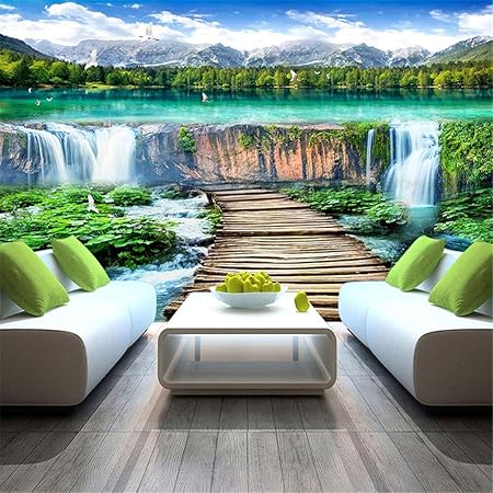 Zyyaky Tapete Wasserfall Landschaft Holzbrucke Foto Wand Wohnzimmer Tv Sofa Hintergrund Wand Dekoration 250 175 Cm Amazon De Kuche Haushalt