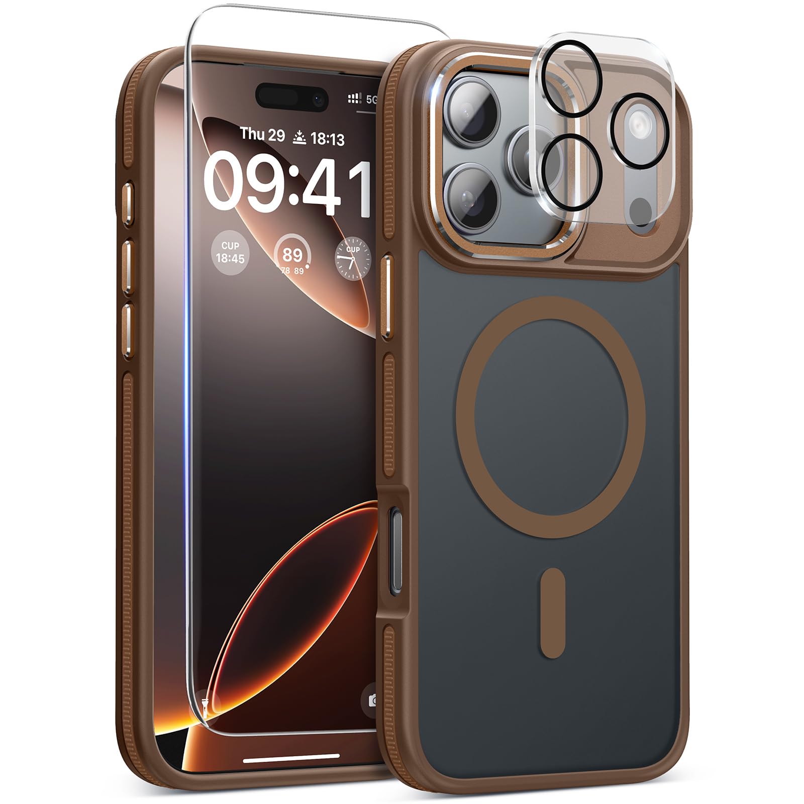 Magnetic 3 in 1 for iPhone 17 Pro Case, [Omni-Directional Protection] with 1x Screen Protector + 1x Camera Cover, [Seamless Work with Magsafe] Shockproof Slim Thin Matte Case for iPhone 17 Pro Brown