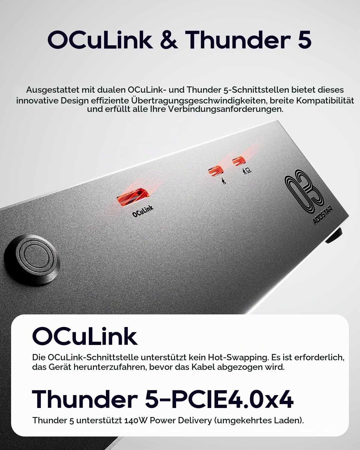AOOSTAR AG03 eGPU Dockstation mit OCuLink & Dual Thunderbolt 5 (80Gbps), Externe GPU Grafikkarten Dockingstation PCIe 4.0 x4, 140W PD, DP 2.1 Videoausgang, Eingebautes 800W Netzteil, für GPUs bis 500W 3