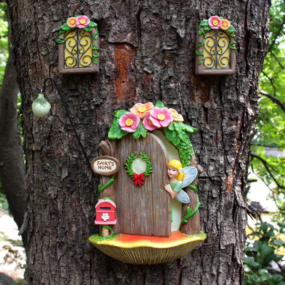Meyas Outdoor Statues Garden Sculptures Window and Door Garden Sculpture Tree Face Glow in The Dark (Design-5)