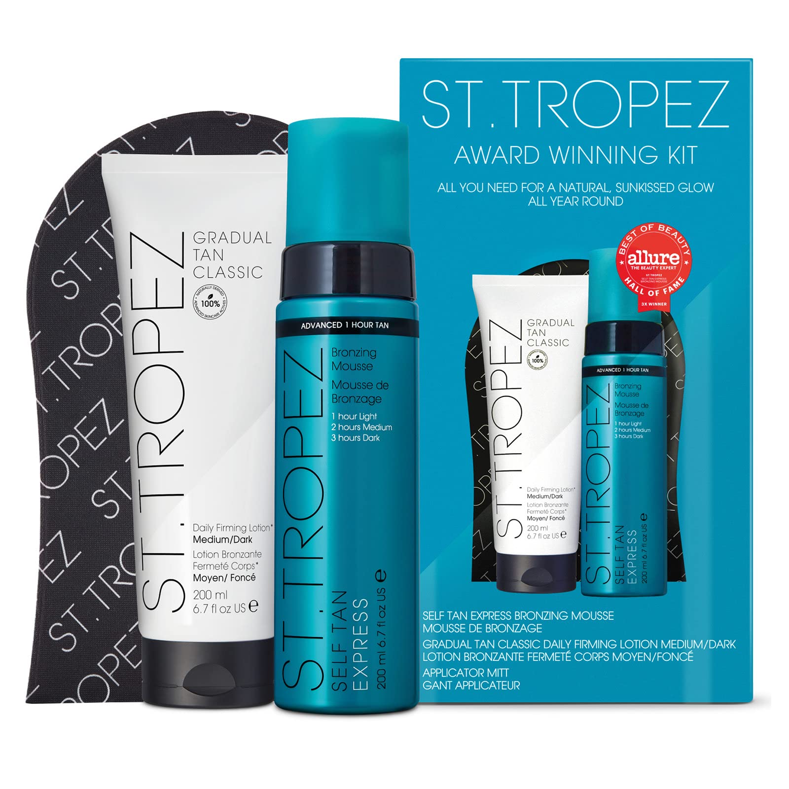 St.Tropez Self Tan Award Winning Kit, Express Bronzing Mousse 200 ml, Body Lotion 200 ml, Applicator Mitt, Vegan skincare