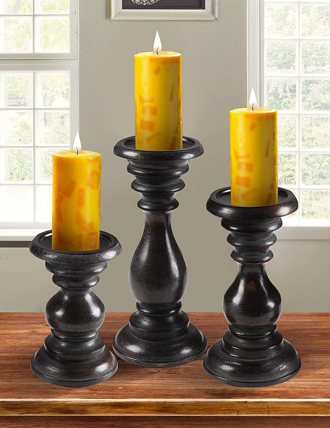 Candle Holder Stand Wooden, Candalbras, Candle Holders, Unity Candle Holders, Rounded Turned Colums, Country Style Idle Gift for Wedding, Party, Home, Spa - 10,8,6 Inch Set of 3 Grey Wash: Kitchen & Dining