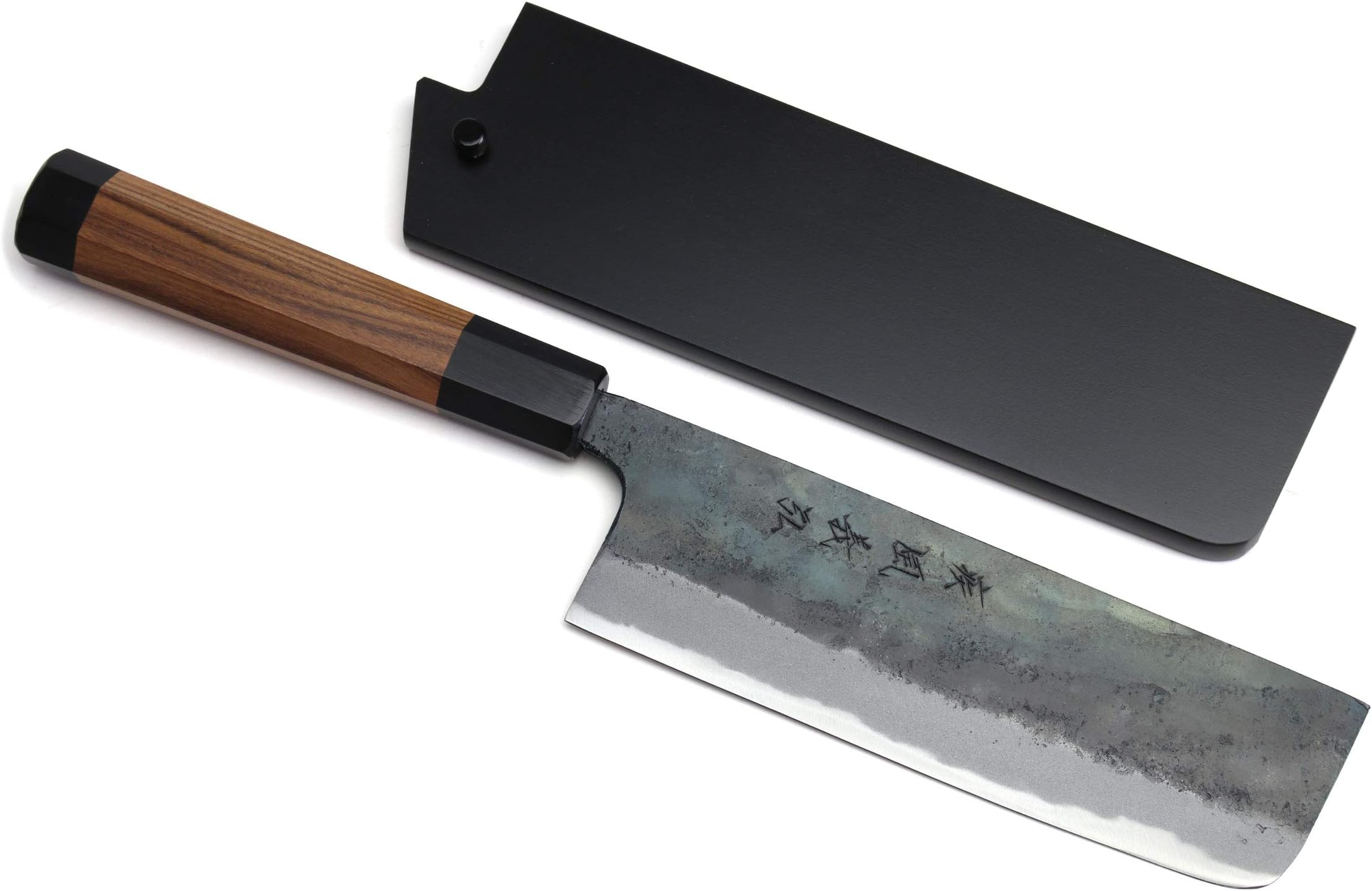 YoshihiroKurouchi Black-Forged Blue Steel #2 Stainless Clad Japanese Nakiri Vegetable Knife Kaede Handle (7"(180mm) & Saya)