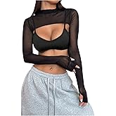 GORGLITTER Women's Rave Festival Concert Outfits Y2k Mesh Crop Top Long Sleeve Mock Neck See Through Shirts