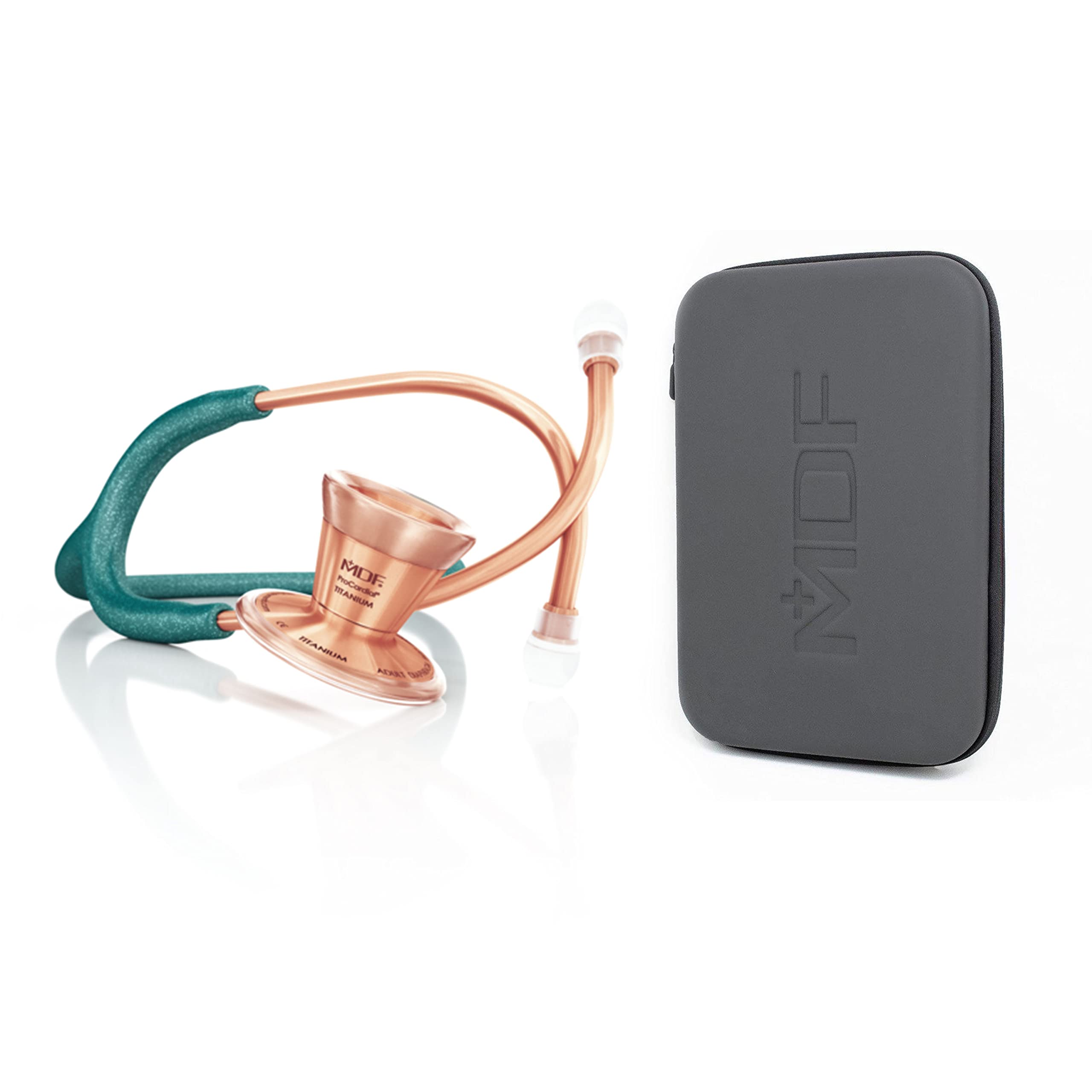 MDF Green Glitter/Rose Gold ProCardial Cardiology Stethoscope, Lightweight Titanium, MDF797TGGLRG + MDF Stethoscope Hard Travel Carrying Case with Mesh Pocket, Medium Size (MDFSCM12)