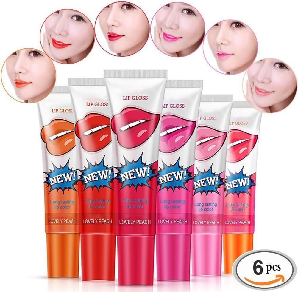 CINEEN Lip Gloss Set Fashion Colour Changing Waterproof Lipstick Gloss Easy Peel Off Long Lasting Tattoo with Mask Tint Tear Pull Lipstick 6Pcs / set
