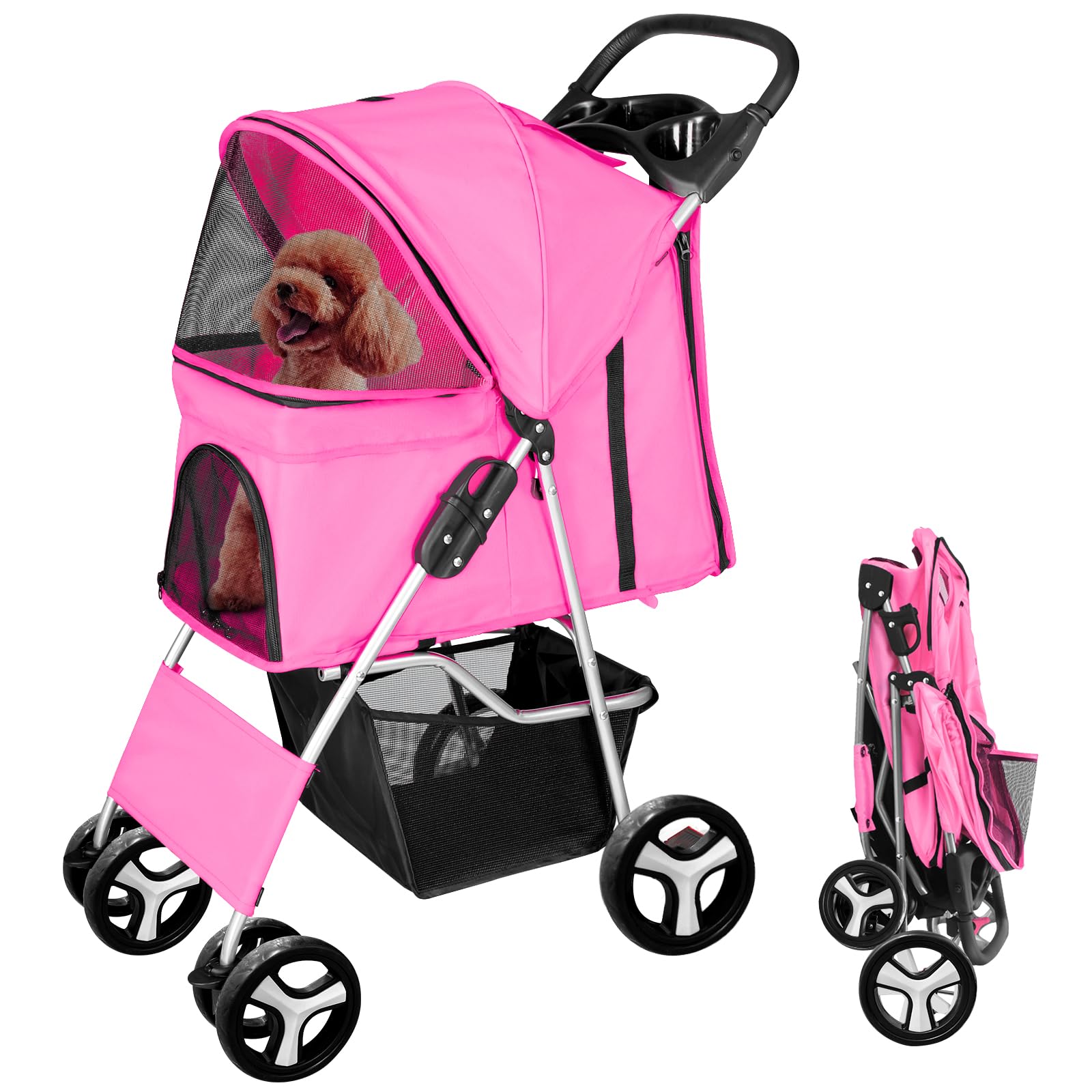 display4top Pet Travel Stroller Dog Cat Pushchair Pram Jogger Buggy With 4 Wheels (Pink)