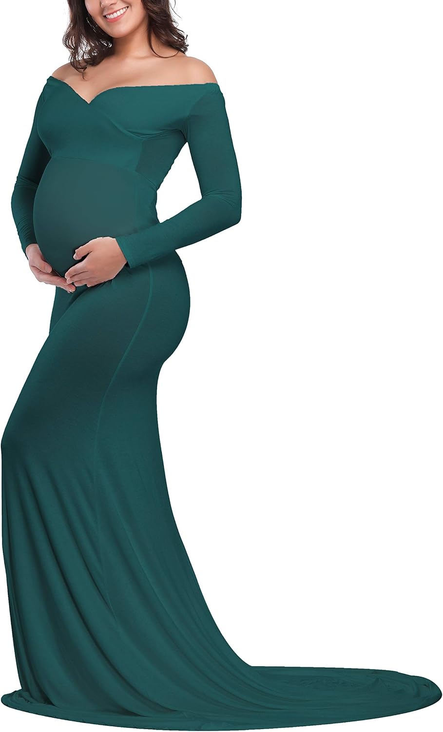 JustVH Maternity Elegant Fitted Maternity Gown Long Sleeve Cross-Front V Neck Slim Fit Maxi Photography Dress for Photoshoot at  Women’s Clothing store