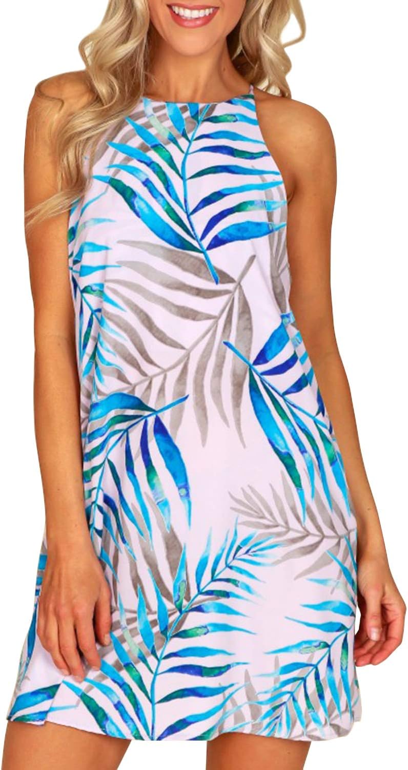Women's Halter Neck Boho Floral Print Loose Casual Sleeveless Short Dress