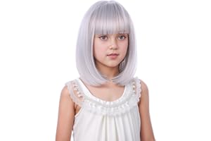 DUDUWIG Girls Silver Grey Wig Kids Short Silver Gray Straight Wig Children Silver Gray Wig with Bangs Hairnet Include