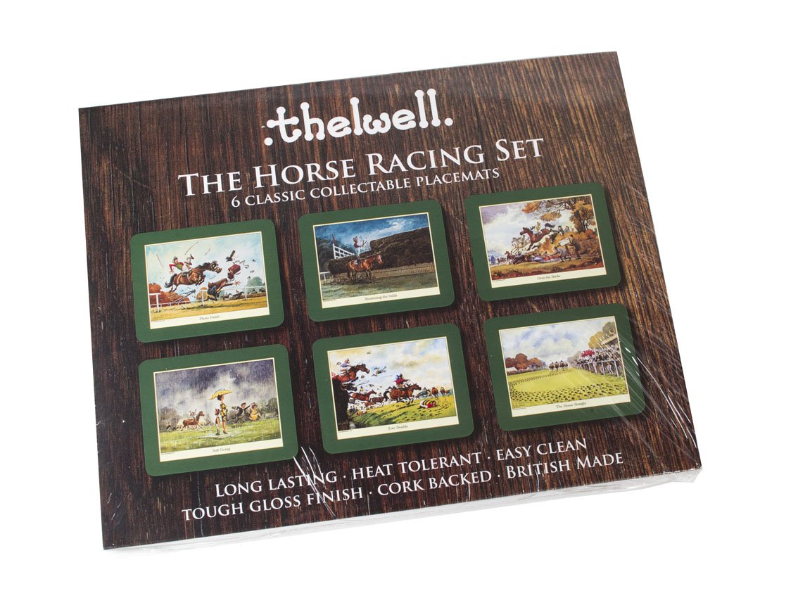 Thelwell Horse Racing Placemat Set. 6 assorted melamine mats with cork backs, featuring the sporting images of iconic cartoonist Norman Thelwell.