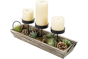 MyGift Solid Torched Wood Candlescape Display Tray Set with Metal Pillar Candle Holder and Decorative Fake Succulent Plants and Pine Cones - Holds 3 Candles