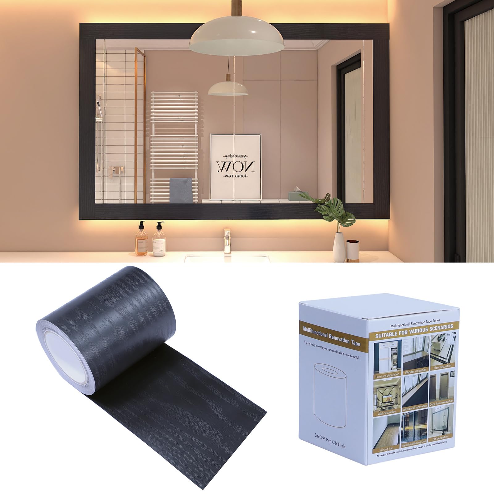 Peel and stick, wood grain, wallpaper border, removable, waterproof, bathroom mirror frame sticker, chairs, skirting boards, doors, windows, floors, DIY crafts 10cm x10m Black