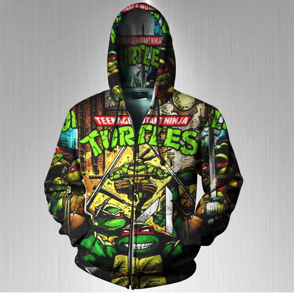 Teenage Mutant Ninja Turtles Classic Green Print Sublimation Men Zipper Hoodie Sizes: S to 3XL