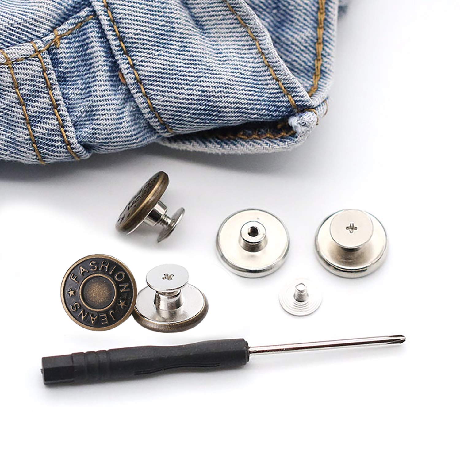 GIYOMI 20mm No Sewing Jeans Buttons Replacement Kit with Metal Base,12 Sets Nailess Removable Metal Buttons Replacement Repair Combo Thread Rivets and Screwdrivers (0.79 inch)