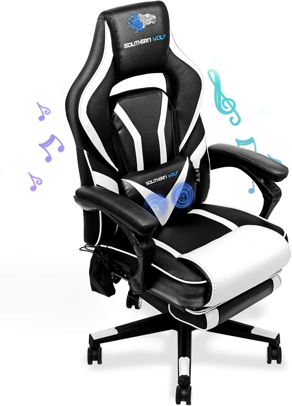 SOUTHERN WOLF Gaming Chair with Massage Function - Bluetooth Office Swivel Chair with Racing Style - Ergonomic Home Office Chair with Armrest Footres Headrest and Lumbar Support