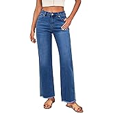 LookbookStore Wide Leg Jeans for Women Trendy High Waisted Straight Leg Frayed Hem Baggy Stretchy Denim Trousers Pants