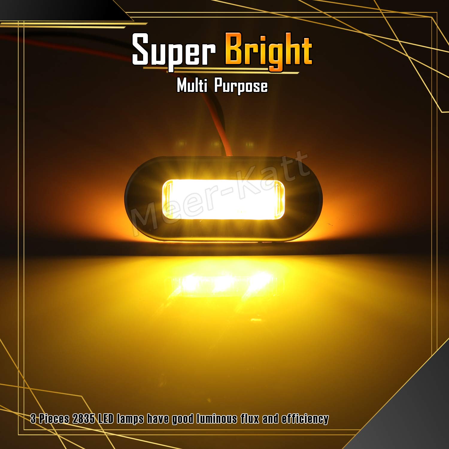 Meerkatt (Pack of 10) 3 Inch Oblong Amber LED Marine Courtesy Light Sealed Flush Mount Clearance Lamp for Yacht Stair Deck Garden Boat RV Cabin Truck Waterproof 12V DC with Chrome Stainless Bezel UV12