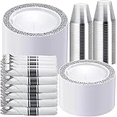 WELLIFE 350 Pieces Silver Disposable Plastic Dinnerware, Includes:50 Dinner Plates, 50 Dessert Plates, 50 Cups, 50 Pre Rolled Napkins with Silver Cutlery