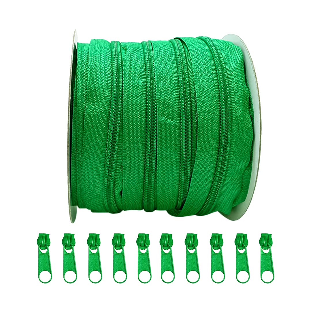10 Meters Continuous Nylon Zipper with 10 Free Sliders, 10 Meter Green Zipper and10 Metal Sewing Sliders, 3# (3113, 3#)
