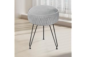 MOOWIND Velvet Vanity Stool Footrests, Round Ottoman Vanity Chairs with Anti-Slip Feet, Dressing Table Seat Foot Stool with Black Legs, Furry Padded Seat Side Table for Makeup Bedroom, Gray