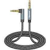 Nanxudyj 1ft Short Aux Cord, 90 Degree Right Angle 3.5mm Audio Cable, TRS Male to Male Nylon Braided Auxiliary Cable for Car Stereo, Headphones, PS4, PC, Speakers - 24K Gold Plated &amp; Tangle-Free