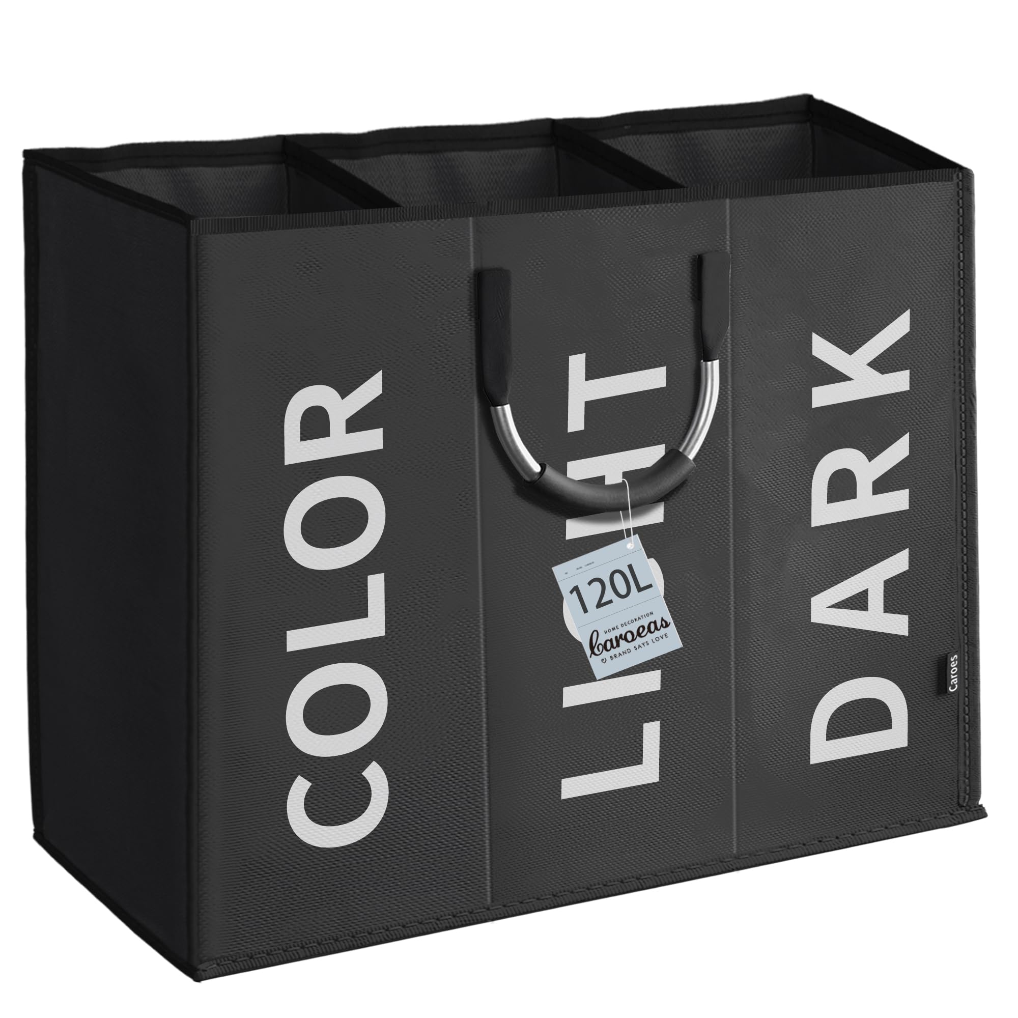 Caroeas 120L Collapsible Laundry Basket, Foldable Waterproof Washing Basket 3 Sections with Handles, Slim Laundry Bin for Laundry Room Bedroom (Black)