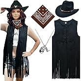 ATAMET Western Cowgirl Outfits for Women Cowgirl Fringe Vest Cowboy Hat Necklace Bandana,70s Hippie Costume for Halloween