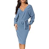 Seta T Women's V Neck Sweater Dress Batwing Sleeve Wrap Backless Knit Fall Midi Dress with Belted