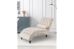 Obuvar Modern Velvet Chaise Lounge Chair, Indoor Leisure Sleeper Chair with Toss Pillow, Upholstered Armless Accent Chairs with Tufted Buttons and Nail Heads for Living Room, Bedroom, Office,Beige