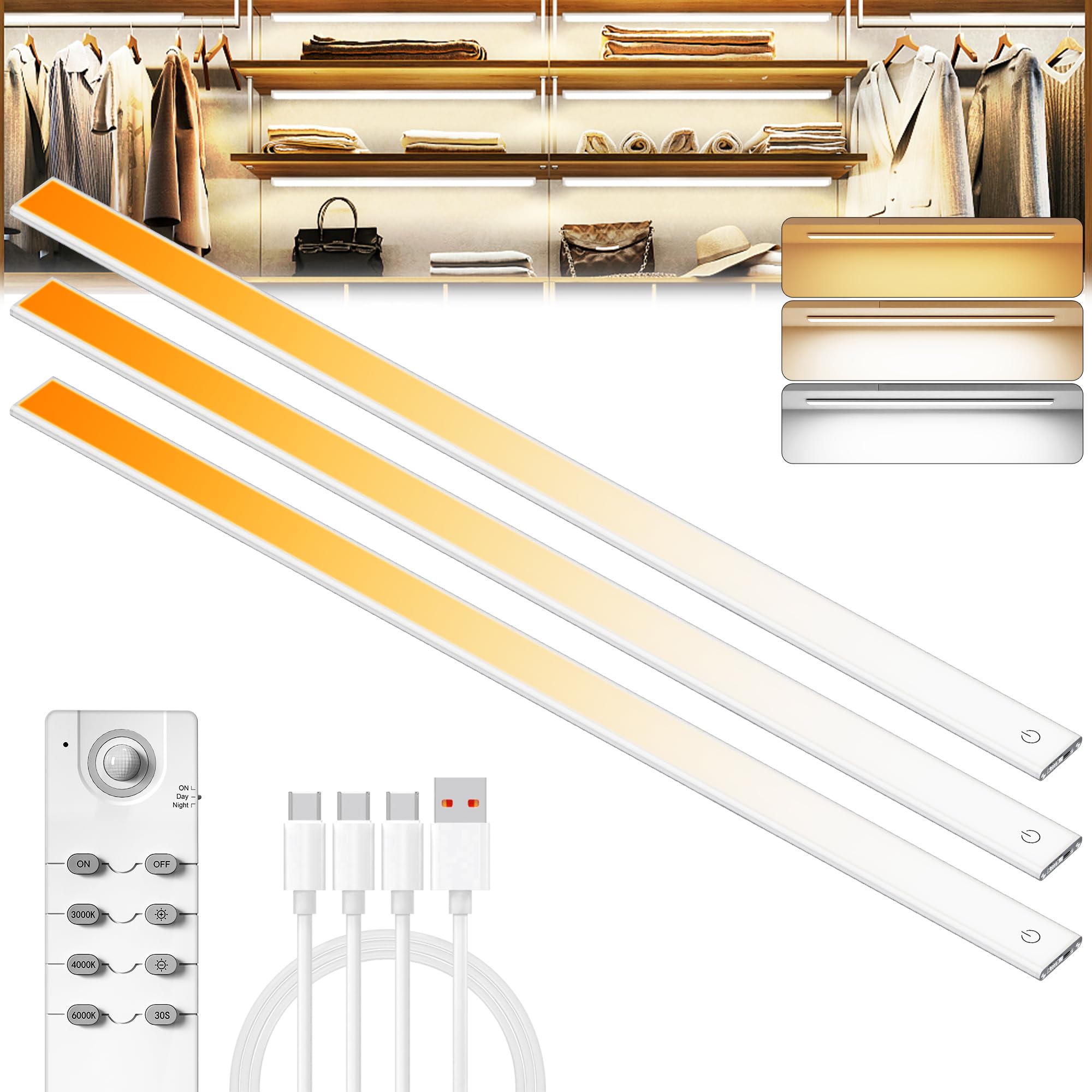 View 1 of **NO REMOTE OR CHARGERS/LIGHTS ONLY***204 LED Under Cabinet Lights Wireless with Full Lighting,Rechargeable Closet Lights with Remote and Motion Sensor Indoor,Under Counter Light with CCT and Dimmable for Kitchen,Stair(3 Pack,23.6inch)