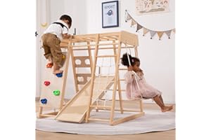 Giant bean Medium Size Indoor Playground Jungle Gym for 2-5yrs Kids, Toddlers Climber Toys 8-in-1 with Slide, Rock Climb Wall, Monkey Bars, Wood & Rope Ladder, Climbing Rope & Wall and Swing