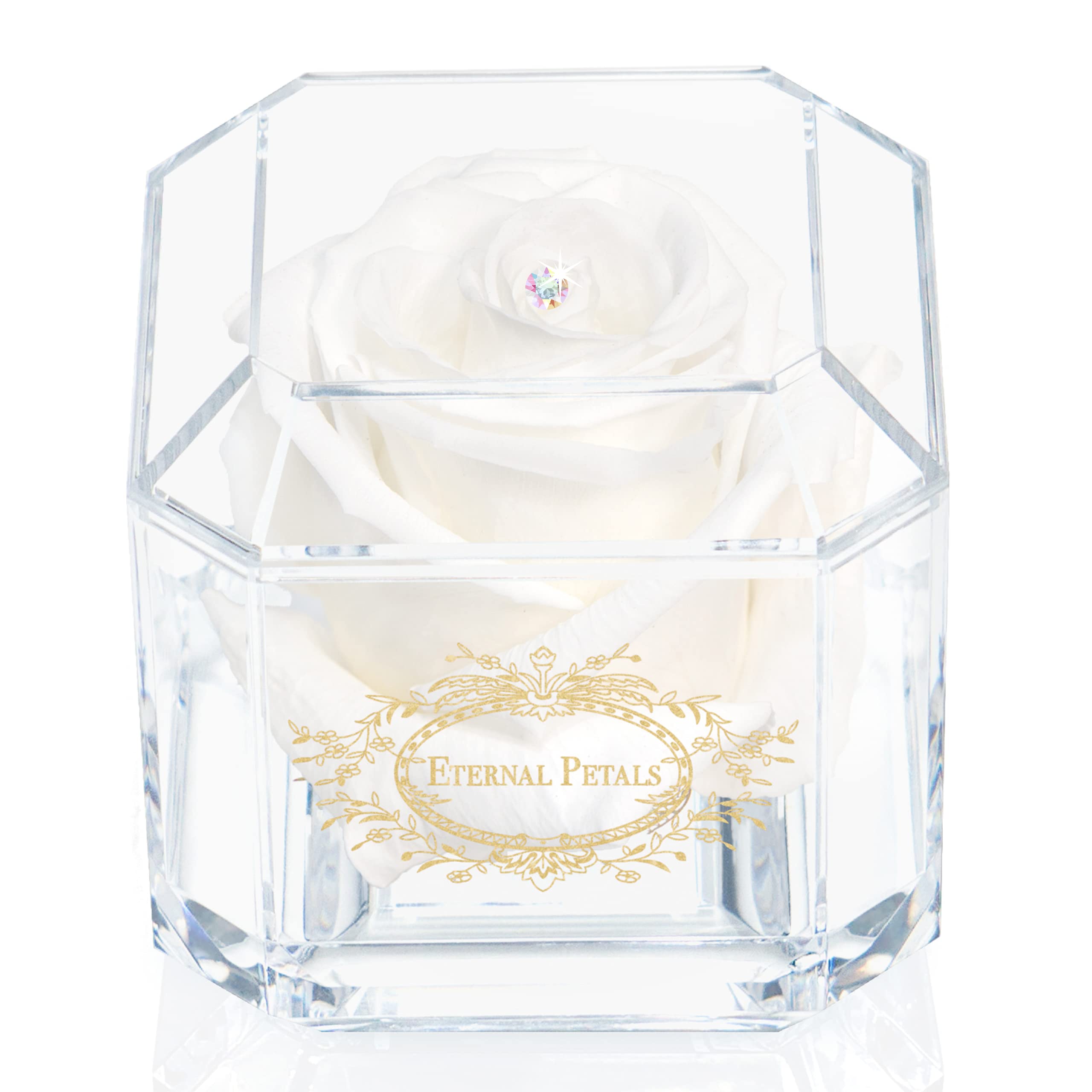 Eternal Petals A 100% Real Rose That Lasts Years, Handmade in UK – Gold Solo with A Multicolour Crystal (White)