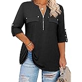 Siddhe Women 3/4 Sleeve Plus Size Tunics Zip Front V-Neck Tops Casual Loose Fit T Shirt Blouse