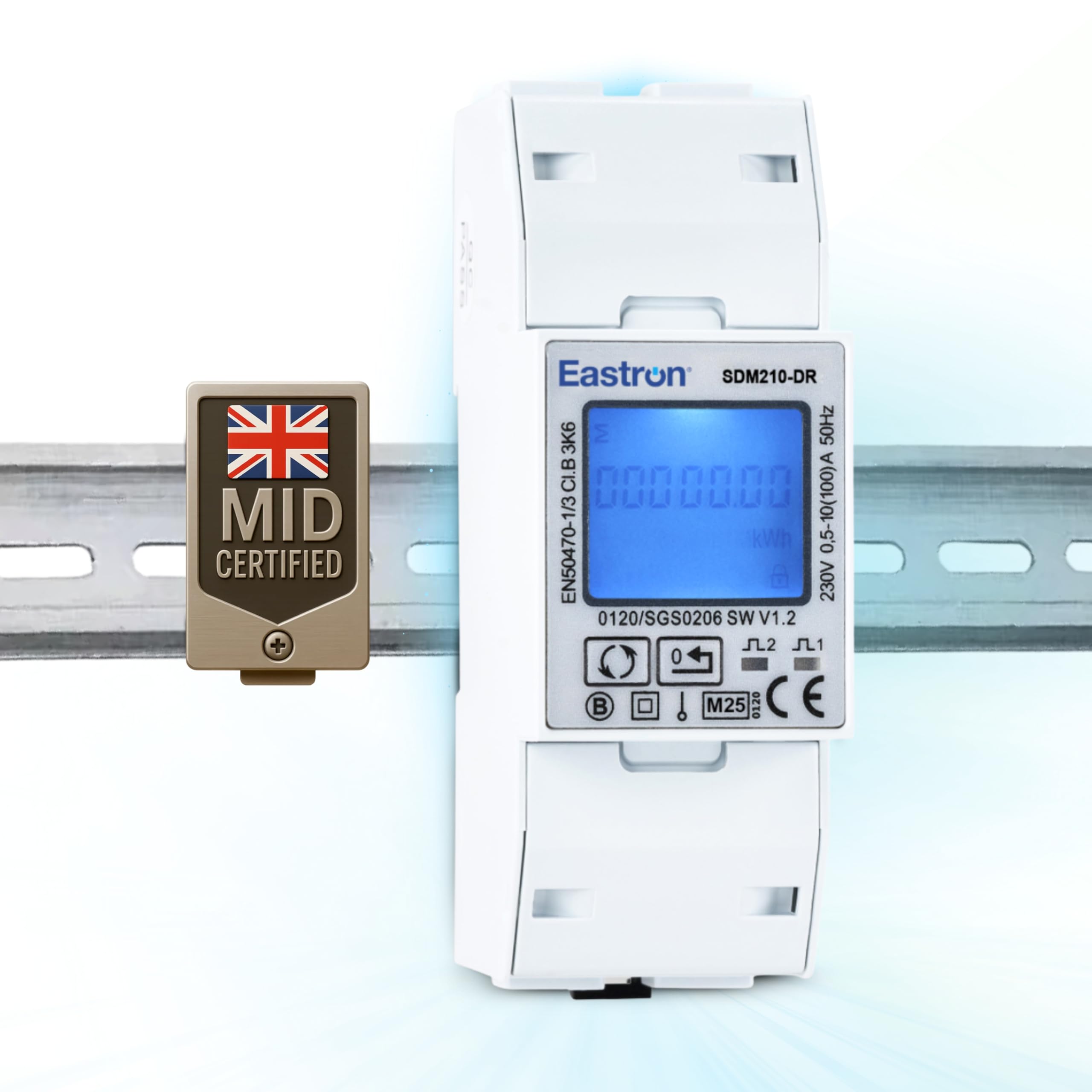 Modbus Single Phase Only, Electric Energy Meter - 100A Input, Fixed pulsed Output 1000imp/kWh - Requires Mains Voltage inputs (Live in and Out and Neutral in and Out) - SDM210-DR-MID