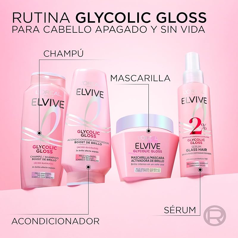 L'Oréal Paris, Mascarilla Activadora del Brillo, Brillo Intenso en Un Solo Uso, Cabello Más Liso, Con Ácido Glicólico, Para Cabello Apagado y Sin Vida, Elvive Glycolic Gloss, 310 ml