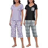 YIJIU 2 Pack Women's Pajamas Set Short Sleeve With Pocket Sleepwear Tops and Capri Pants Pjs Soft Print Loungewear Nightwear