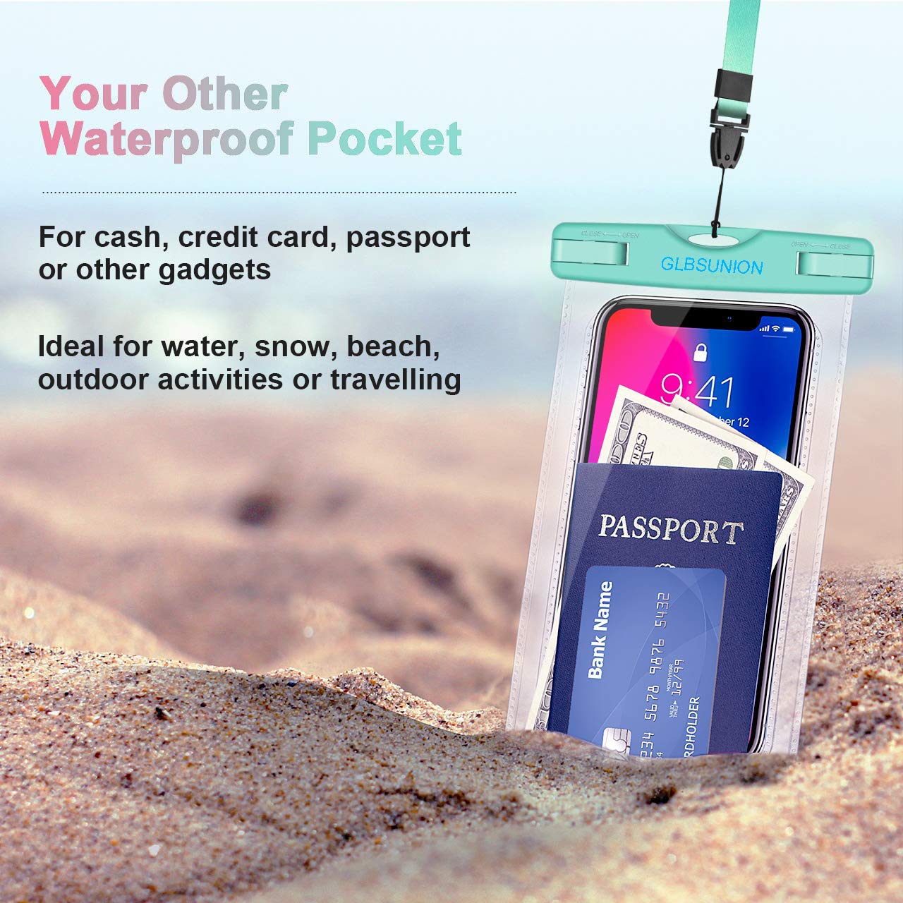 GLBSUNION Universal Waterproof Case, IPX8 Water Proof Phone Pouch Dry Bag Compatible for iPhone Xs Max/XR/X/8/8P/7/7P Galaxy up to 6.5\