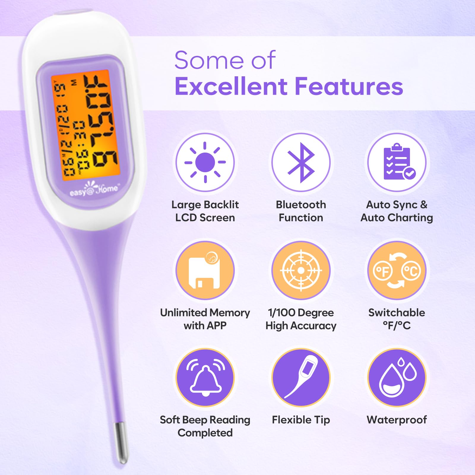 Easy@Home Smart Basal Thermometer, Large Screen and Backlit, Period Tracker with Premom (iOS & Android) - Auto BBT Sync, Charting, Coverline, Accurate Fertility Prediction EBT-300 Purple