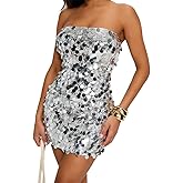 YYA Women's Strapless Dress Sequin Strappy Bodycon Party Dress Sparkly Glitter Ruched Party Club Dress,S-2XL