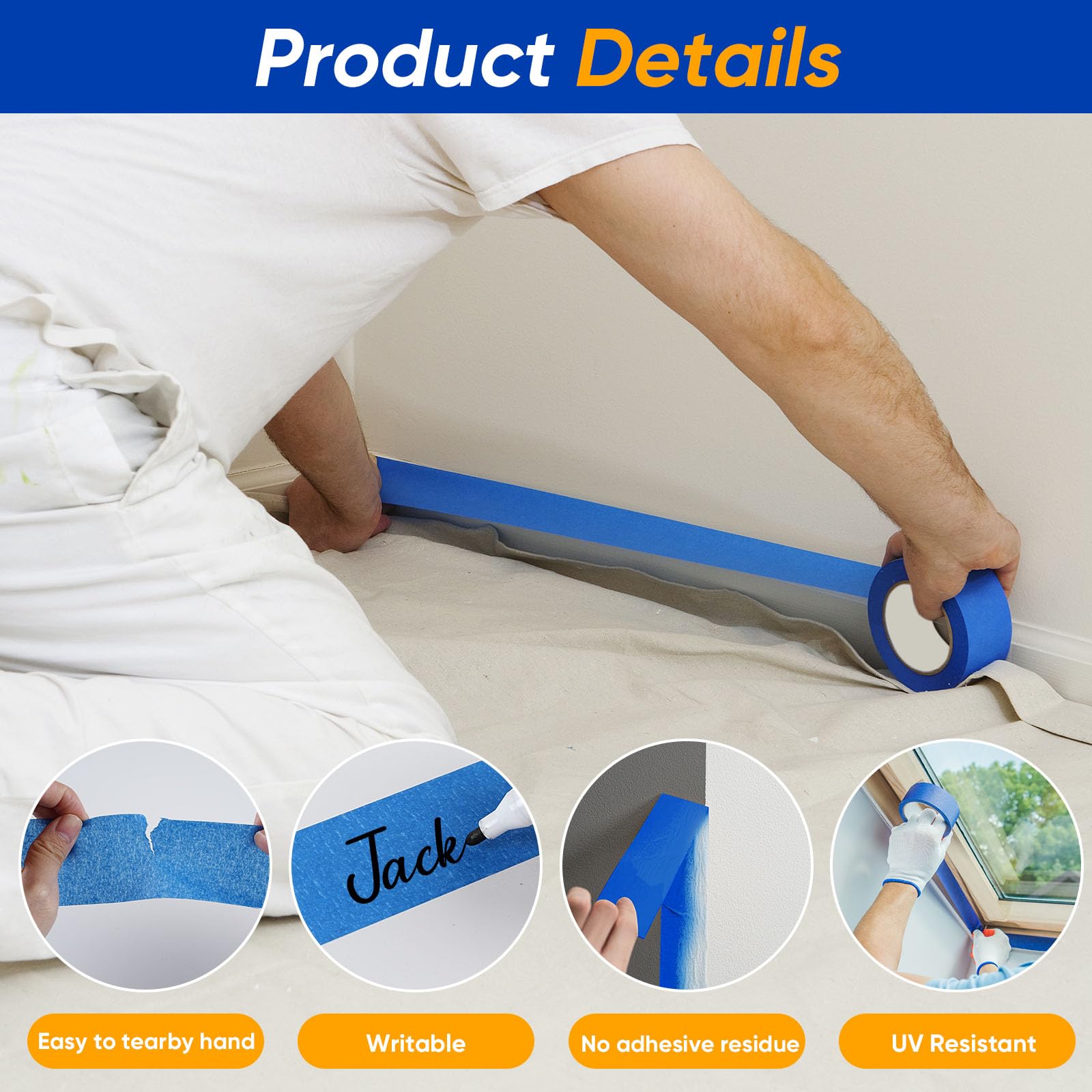 Gicare 3 Rolle Malerkrepp Masking Tape 50mm x 50m Abklebeband Maler für Malerarbeiten, Kreppband Malerband Standard Papierklebeband UV Maler Klebeband für Farbtrennung Renovierungen(Blau) 4