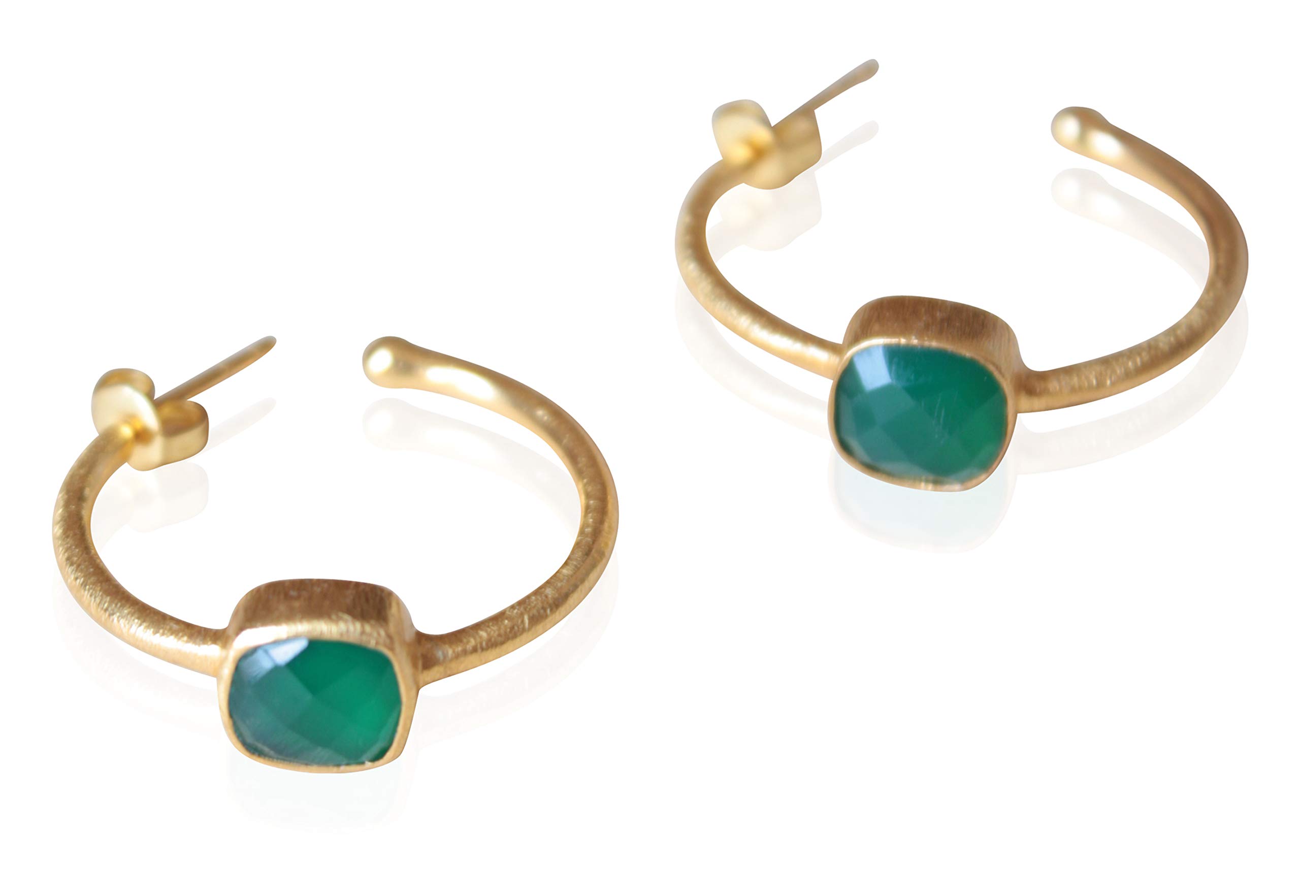 18K Gold Plated Earrings with Natural Onix Stone - Earrings with Green Onyx - Gold Earrings for Women