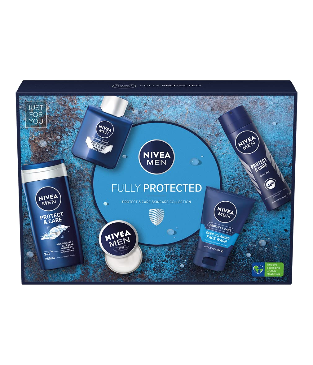 NIVEA MEN Fully Protected Gift Set (5 Pieces), Men's Toiletry Gift Set Includes Shower Gel, Face Wash, Moisturising Cream, After Shave Balm and Anti-Perspirant