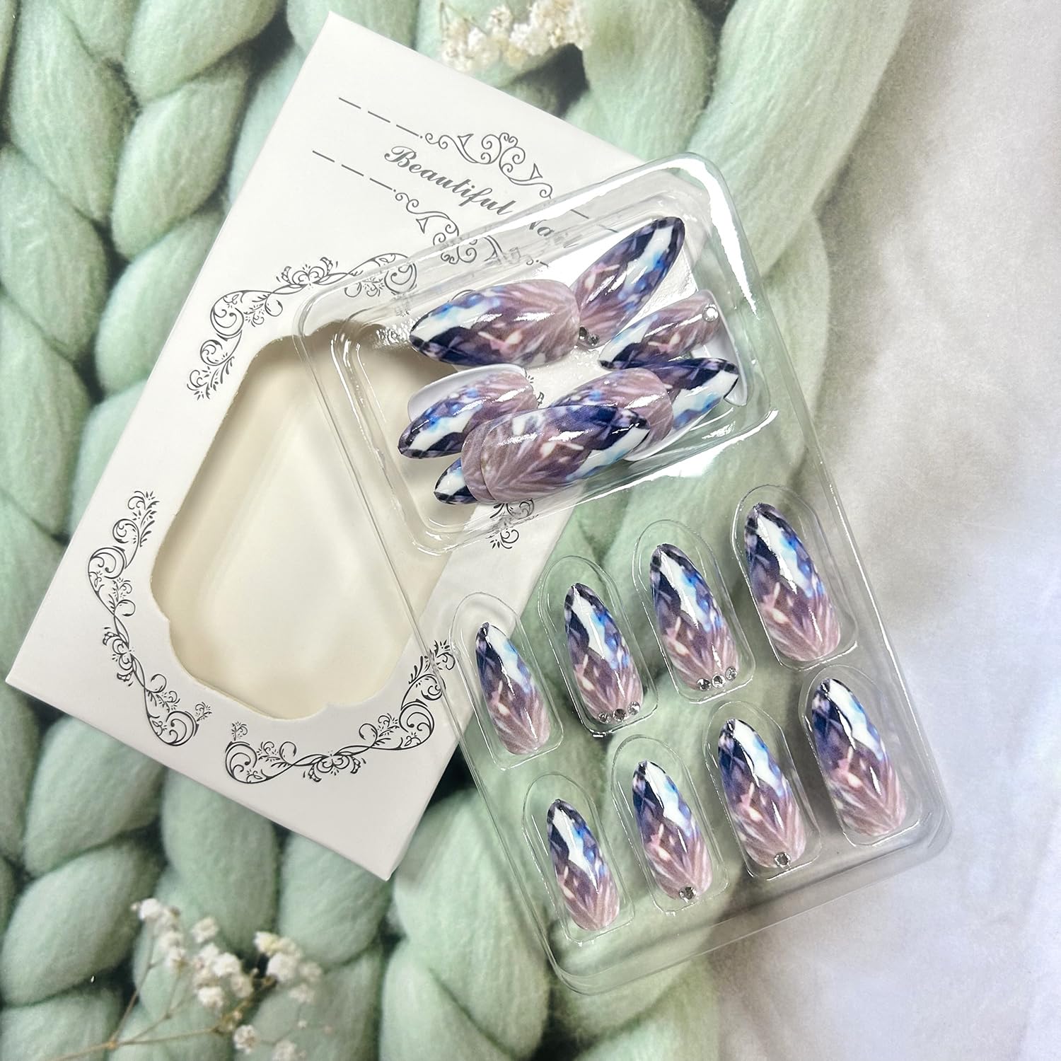 TBRZTR Press on Nails Medium Almond False Nails Waves of Light Fake Nails Artificial Acrylic Nails with Rhinestones Design Full Cover Glossy Reusable Coffin Nails Glue on Nails for Women 24Pcs - Image 6