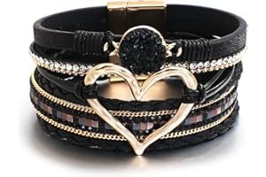 hotoo Leather Wrap Bracelet for Women Beaded Cuff Bracelet with Heart-shape Decor Bohemian Crystal Bracelet Jewelry with Clasp Bangle Bracelet for Women Girls Birthday Holiday Gift