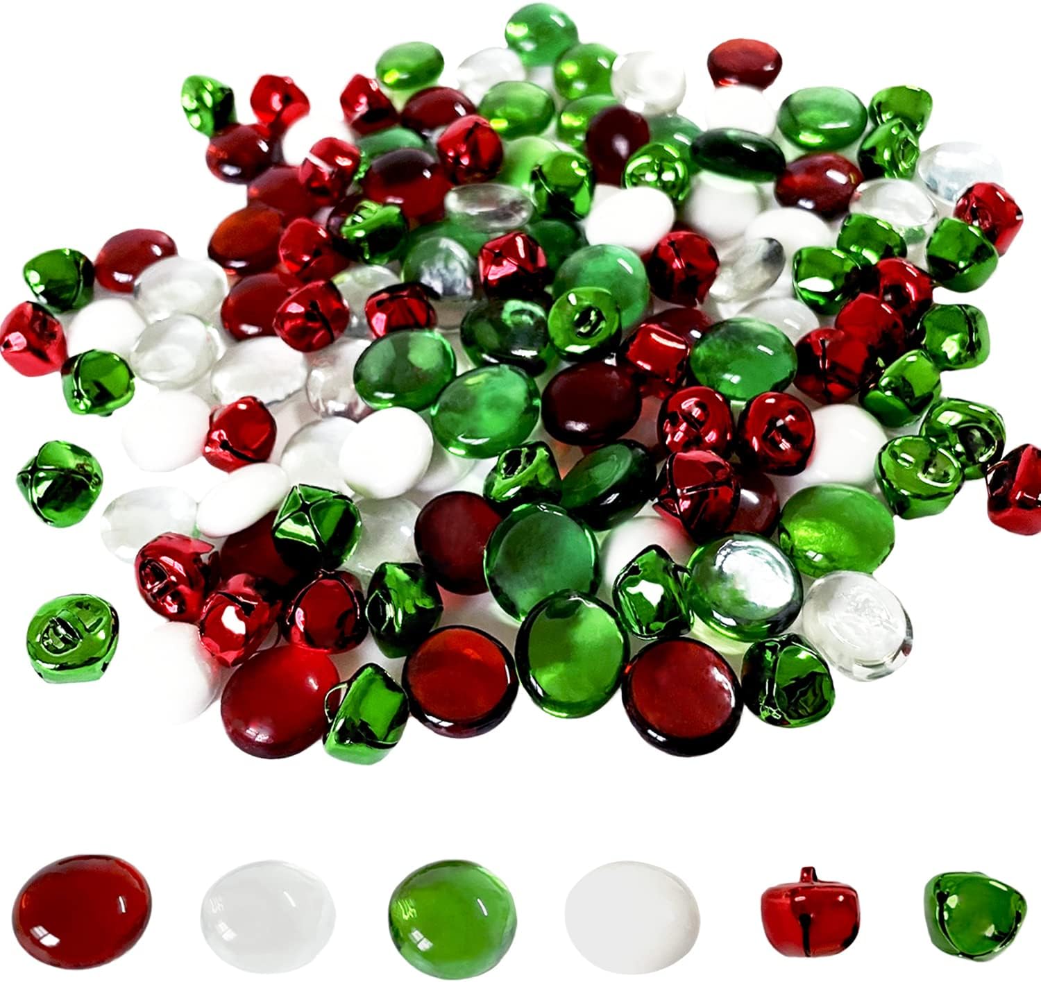 Vase Fillers - llxieym Christmas Glass Gems Beads Vase Glass Stone 90 Pieces with Jingle Bells 50 Pieces for Vase Filler Party Table Scatter Christmas Decoration (Color 2)