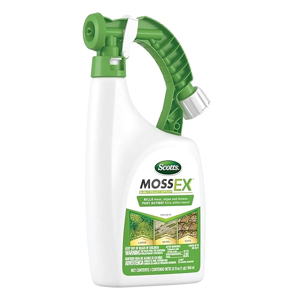 SCOTTS MOSSEX 3-IN-1 READY SPRAY – HOSE-END APPLICATOR, KILLS MOSS, ALGAE AND LICHENS, FAST ACTING MOSS KILLER FOR LAWNS, ROOFS, PATIOS, 32 FL. OZ.
