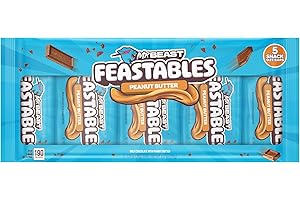 Feastables MrBeast Peanut Butter Milk Chocolate Chocolate Bar, Full Size Bar for Adults & Kids, Candy Bars, Snacks, Gifts, & Dessert, Fairtrade Cocoa, 1.24 Oz Each, 5 Count