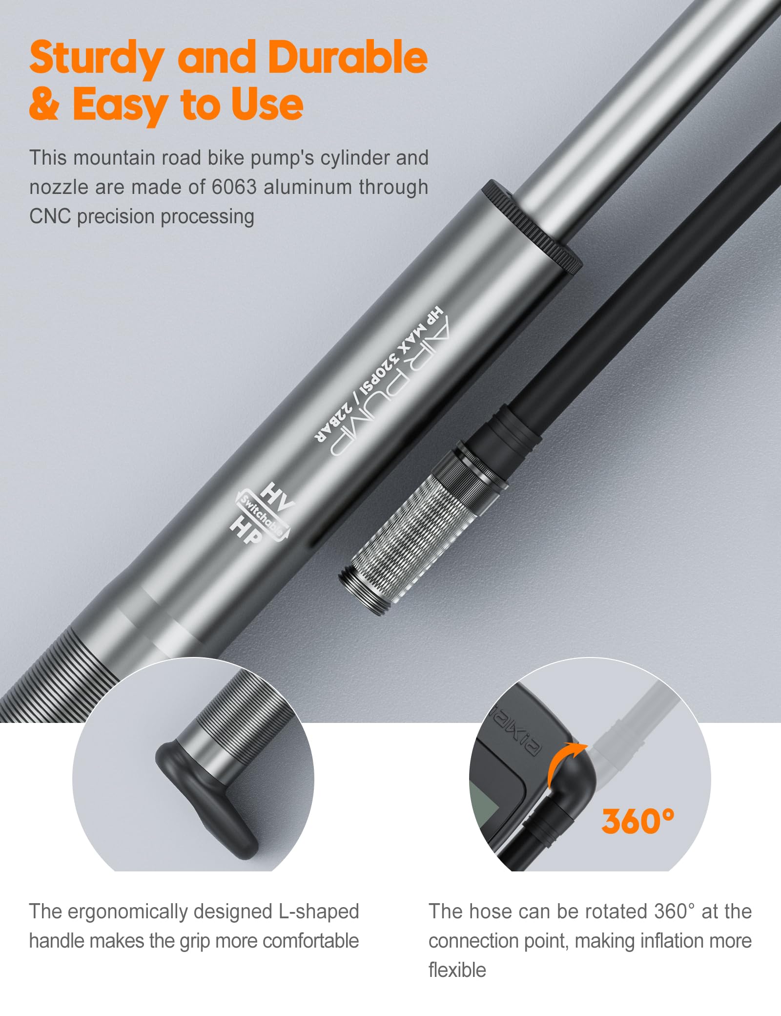 Tiakia Hochdruck Dämpferpumpe mit Digitaler Manometer 320PSI Für Luftdämpfer und federgabel,Tragbare fahrradpumpe Aluminium reifenpumpe Fahrrad Rahmenpumpen,Für Schrader/Presta、DH、MTB (Black) 6