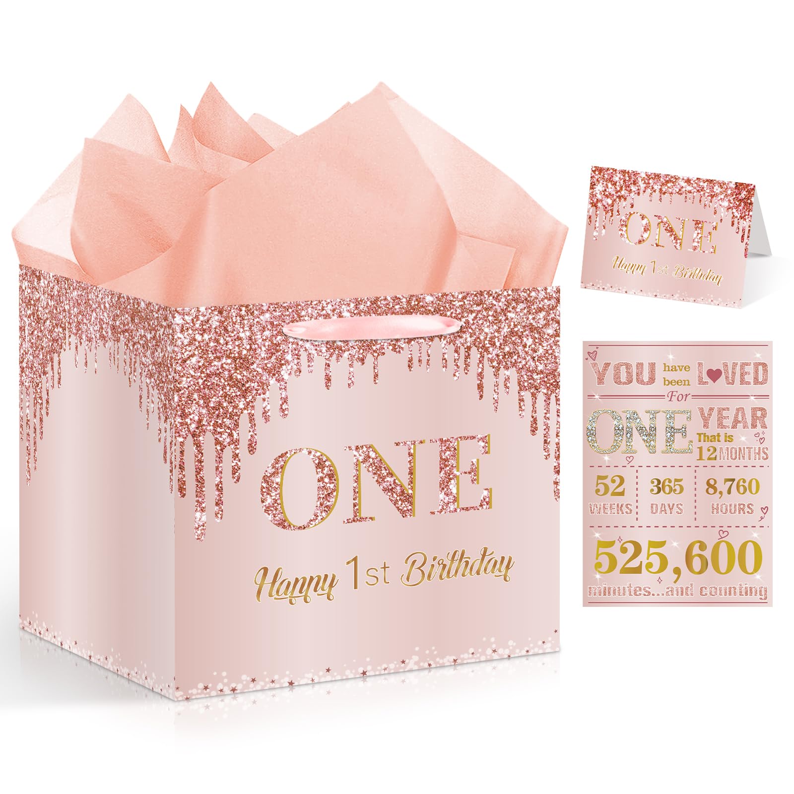 Photo 1 of 12" Extra Large Rose Gold 1st Birthday Gift Bag for Baby Girls Large Pink Happy 1st Birthday Gift Bag with Wrapping Paper Poster and Card for One Year Old Bday Decorations Party Supplies